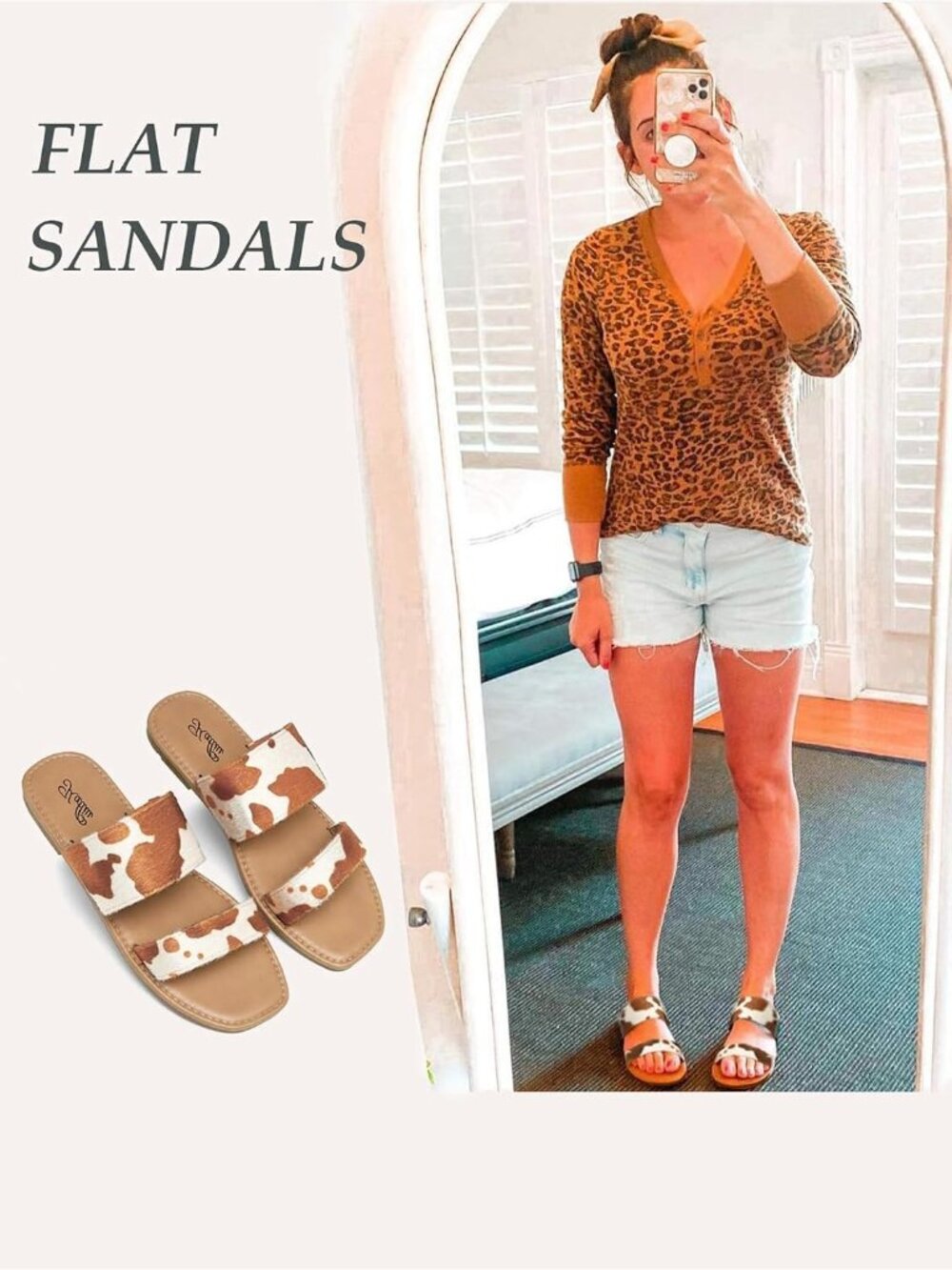 Women's Cow Print Open Square Toe Two Strap Slip On Flat Casual Sandal Shoes - Picture 5 of 6